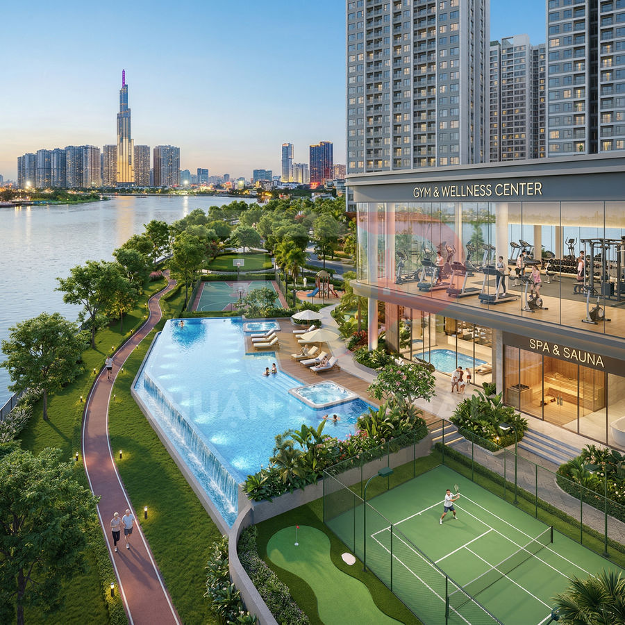 Khu căn hộ cao cấp ven sông với hồ bơi tràn bờ, sân tennis, phòng gym và spa sang trọng