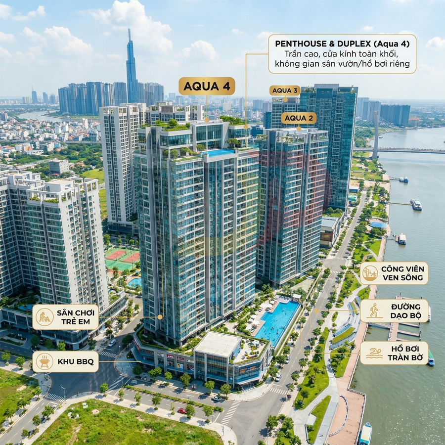 Căn hộ cao cấp Aqua 4 ven sông với hồ bơi tràn bờ, công viên, sân chơi trẻ em và khu BBQ