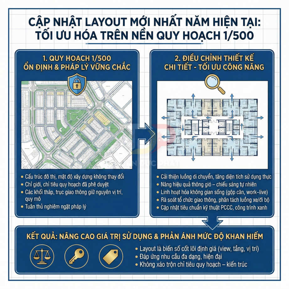 Infographic quy hoạch 1/500 và điều chỉnh thiết kế chi tiết layout căn hộ tối ưu công năng, nâng cao giá trị sử dụng