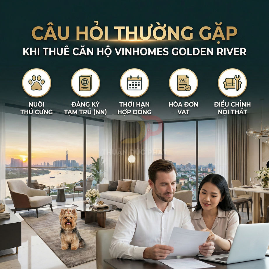 Tư vấn thuê căn hộ Vinhomes Golden River, cặp đôi xem hợp đồng trong phòng khách sang trọng, cho phép nuôi thú cưng