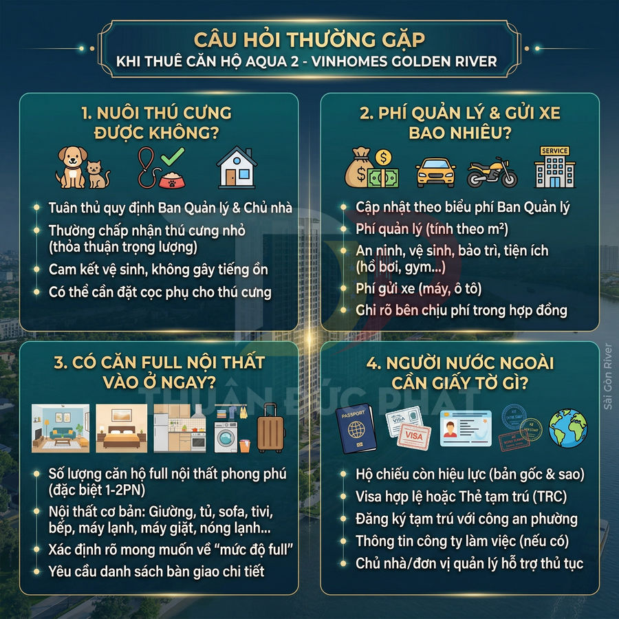 Infographic câu hỏi thường gặp khi thuê căn hộ Aqua 2 Vinhomes Golden River về thú cưng, phí quản lý, nội thất, giấy tờ