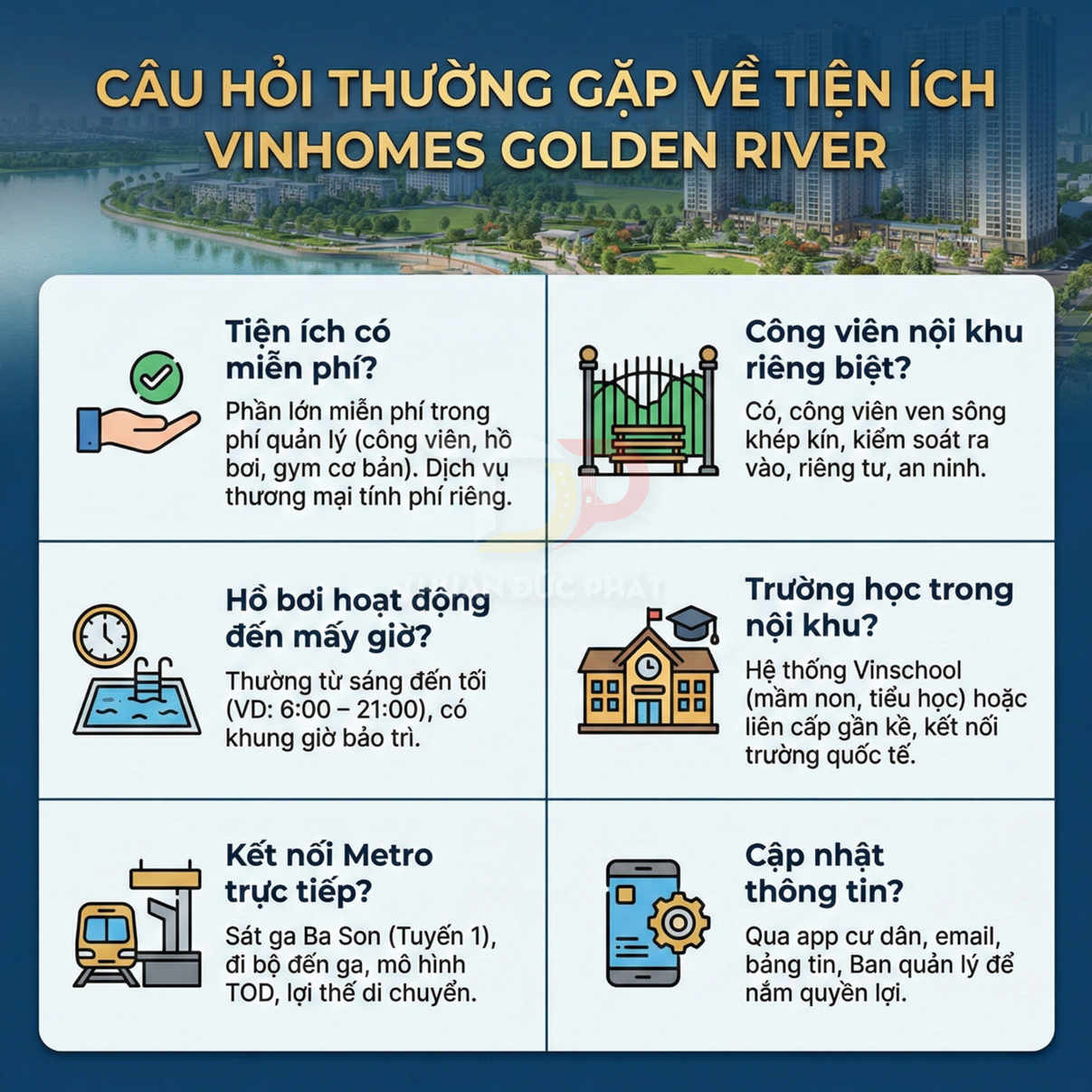 Infographic giới thiệu các tiện ích nội khu và kết nối giao thông của dự án Vinhomes Golden River