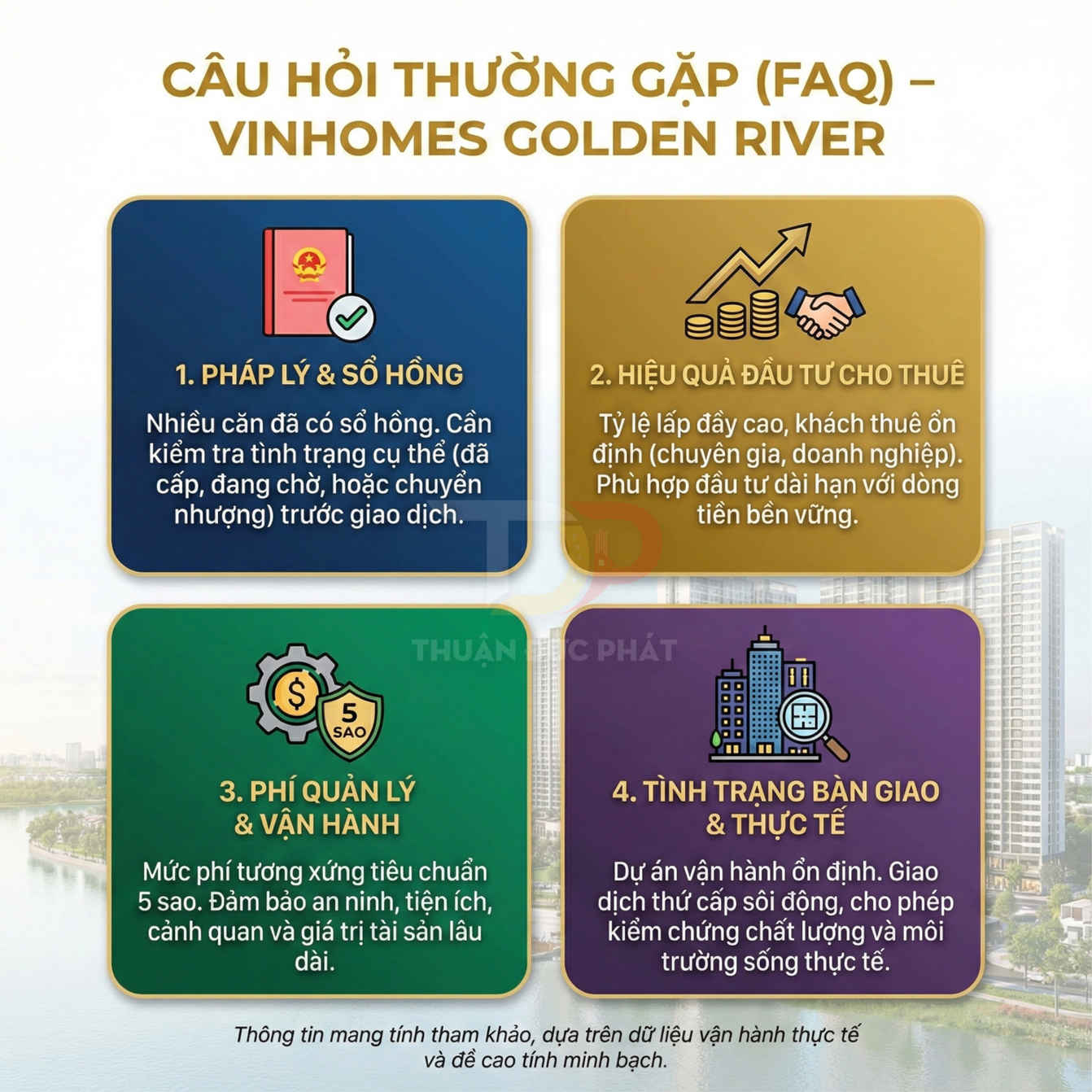 Infographic câu hỏi thường gặp về pháp lý, đầu tư, phí quản lý và bàn giao dự án Vinhomes Golden River