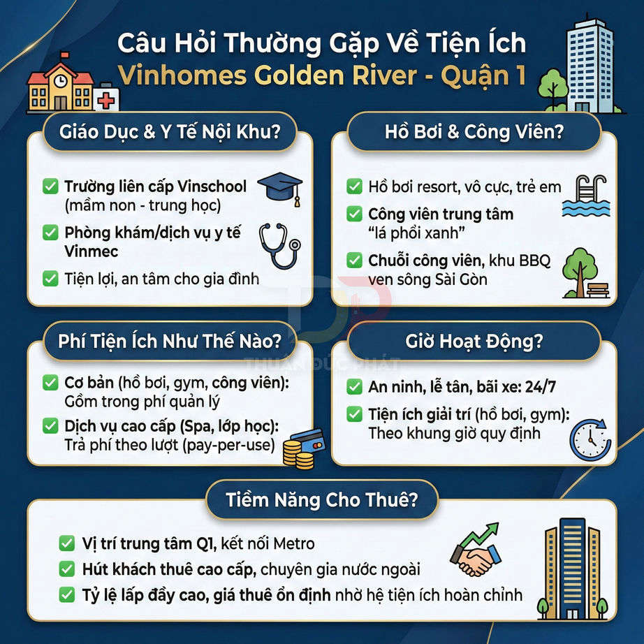 Infographic giới thiệu tiện ích giáo dục, y tế, hồ bơi, công viên và tiềm năng cho thuê tại Vinhomes Golden River Quận 1