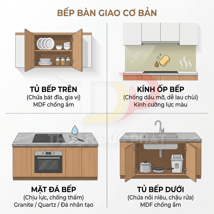 Cấu tạo bếp bàn giao cơ bản với tủ bếp trên dưới MDF, mặt đá bếp và kính ốp bếp cường lực