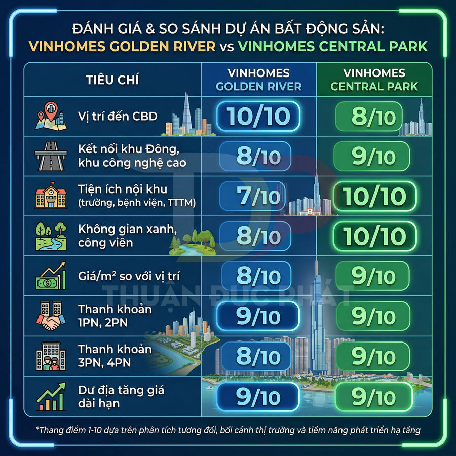 Bảng so sánh điểm số các tiêu chí dự án Vinhomes Golden River và Vinhomes Central Park