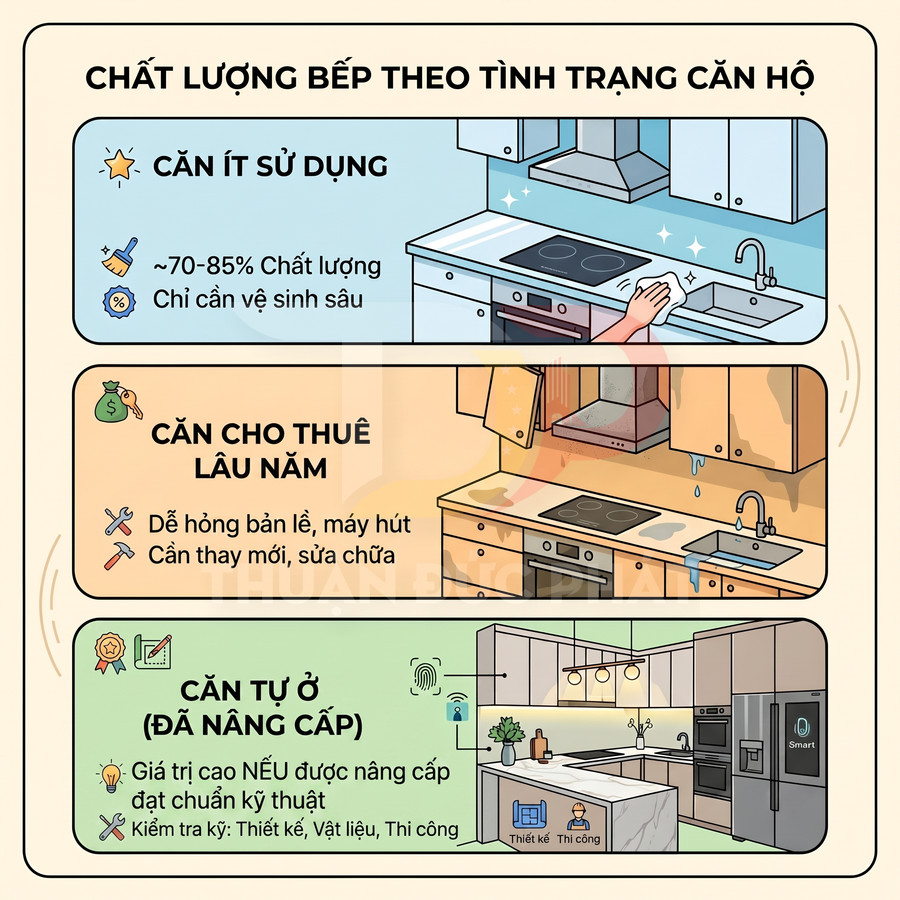 Minh họa so sánh chất lượng bếp căn hộ ít sử dụng, cho thuê lâu năm và căn tự ở đã nâng cấp hiện đại