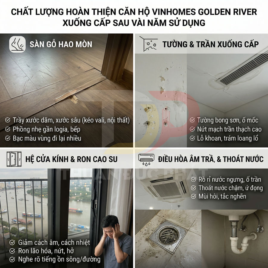 Các hạng mục căn hộ Vinhomes Golden River xuống cấp: sàn gỗ trầy xước, tường mốc, cửa kính hở, điều hòa và thoát nước hư hỏng