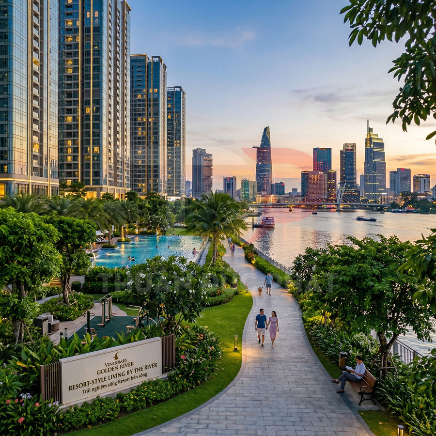 Khu căn hộ Vinhomes Golden River ven sông với hồ bơi, lối dạo bộ và view trung tâm Sài Gòn lúc hoàng hôn