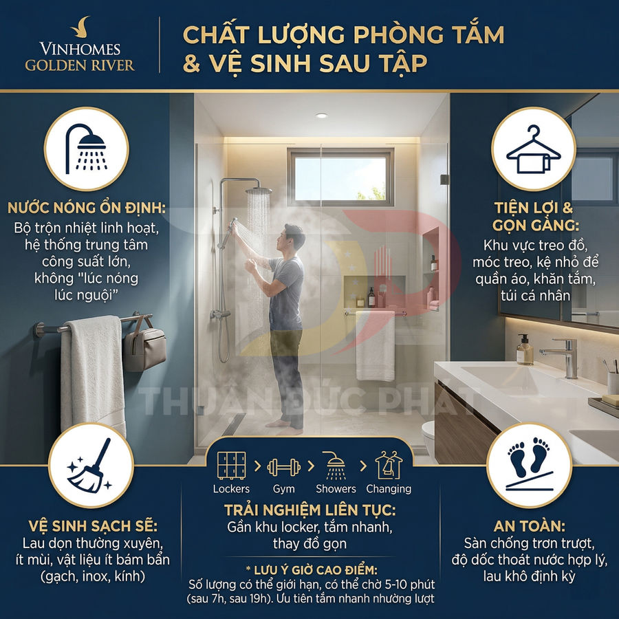Phòng tắm Vinhomes Golden River hiện đại với vòi sen đứng, nước nóng ổn định và khu vực vệ sinh sạch sẽ an toàn