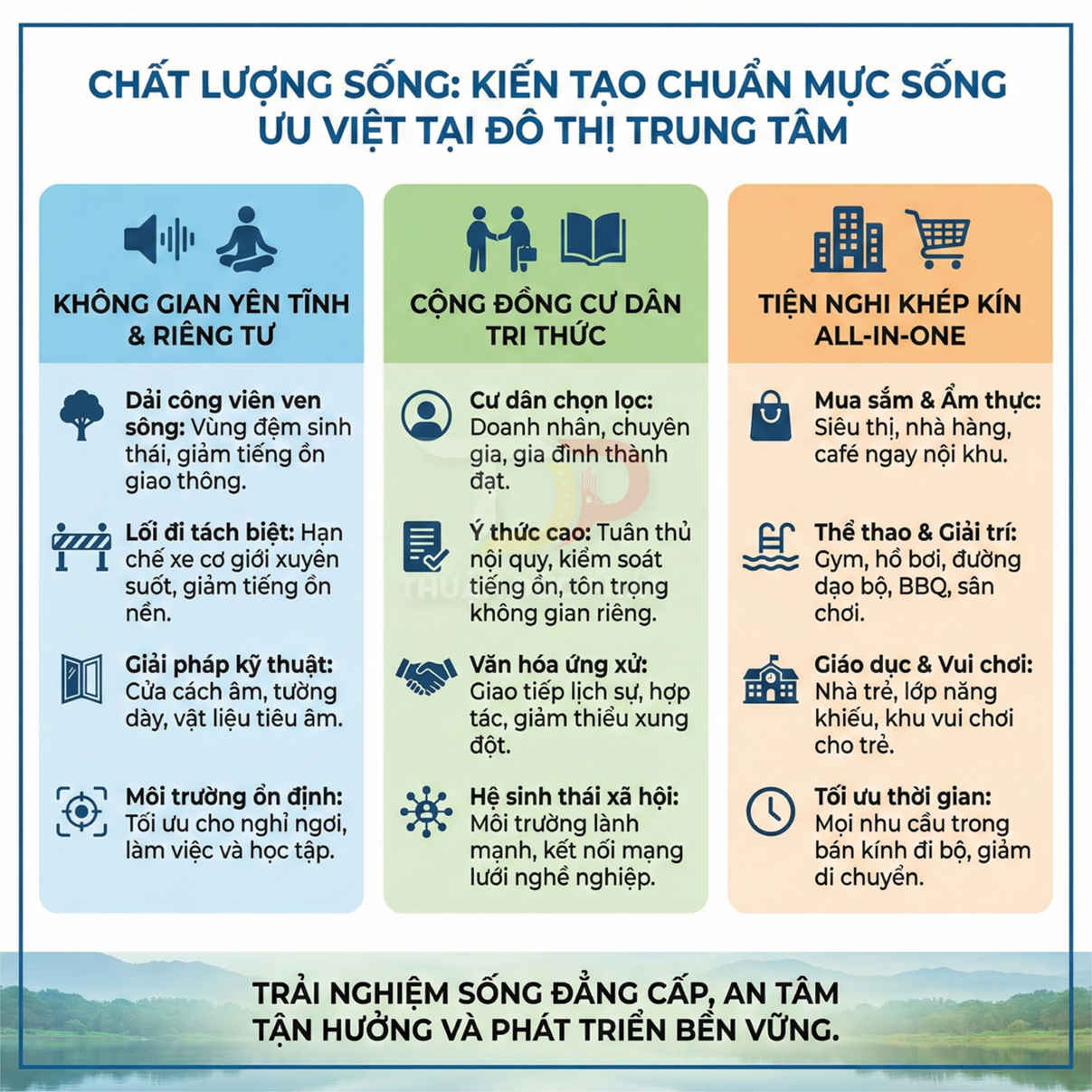 Infographic giới thiệu chất lượng sống, tiện ích và cộng đồng cư dân tri thức tại khu đô thị trung tâm cao cấp