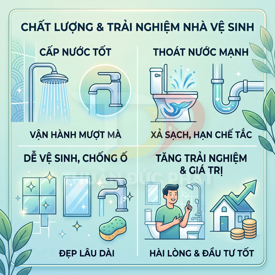 Minh họa lợi ích thiết bị vệ sinh chất lượng cao với vòi sen, bồn cầu, ống thoát nước và người dùng hài lòng