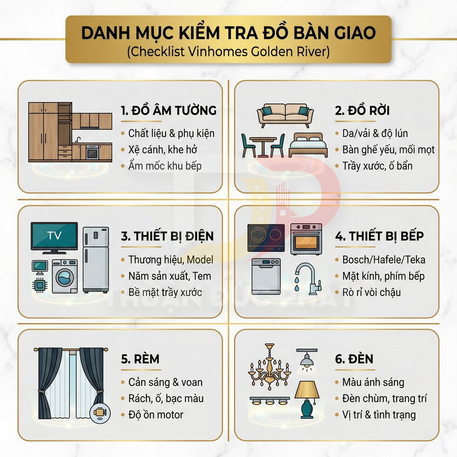 Checklist kiểm tra đồ bàn giao căn hộ Vinhomes Golden River với 6 hạng mục nội thất và thiết bị