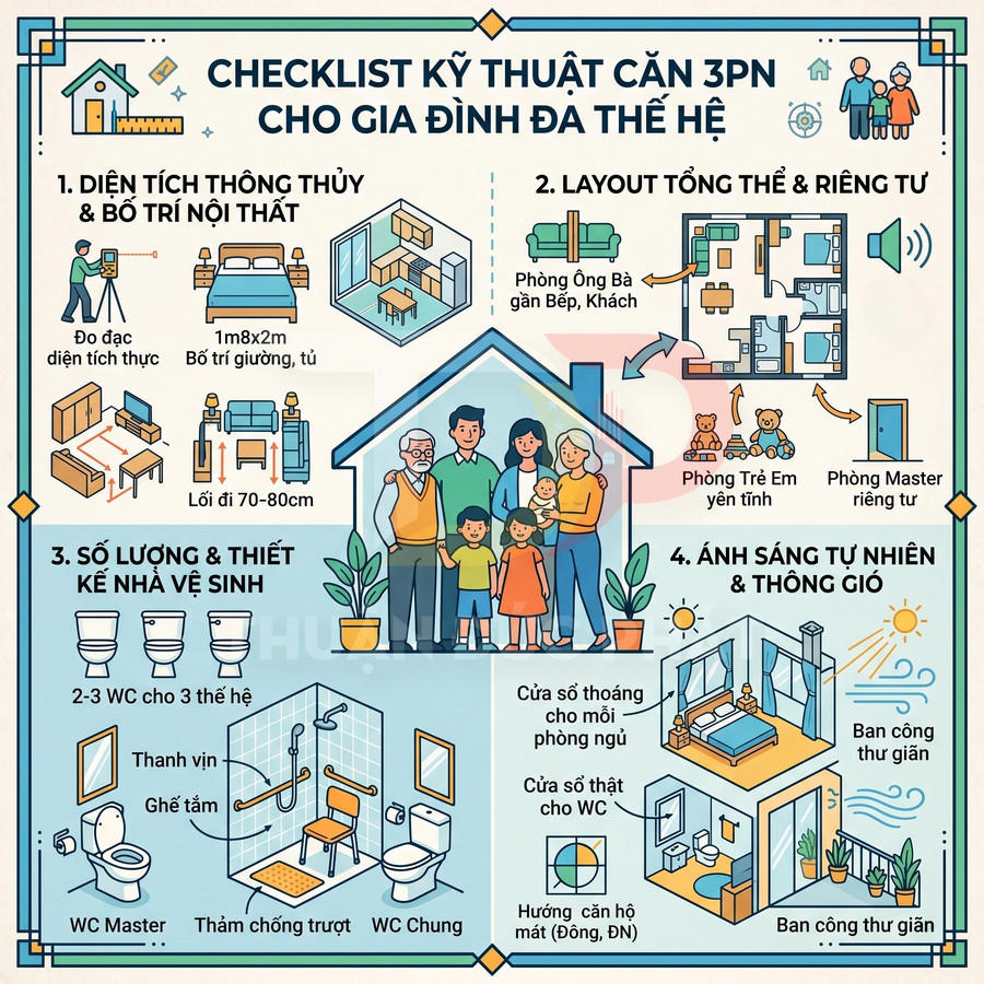 Checklist thiết kế căn hộ 3 phòng ngủ cho gia đình nhiều thế hệ với bố trí nội thất và nhà vệ sinh hợp lý