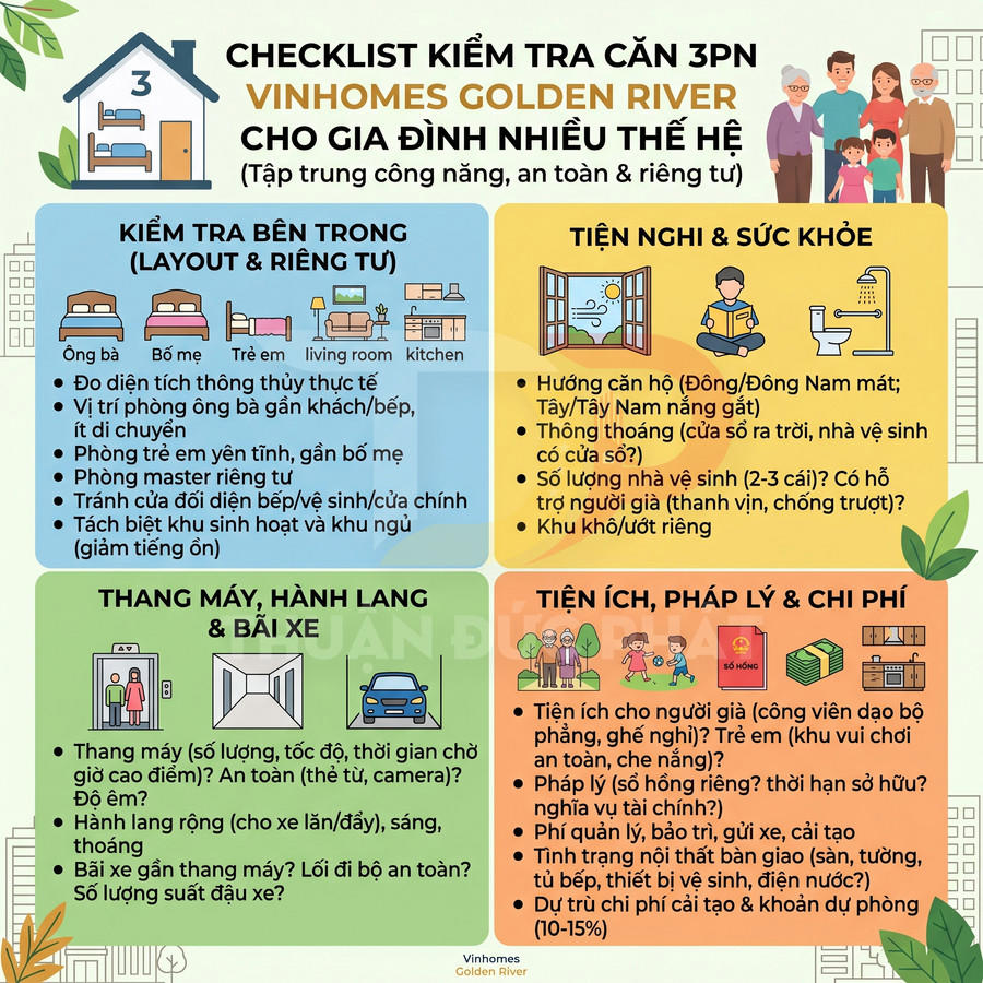 Checklist kiểm tra căn hộ 3 phòng ngủ Vinhomes Golden River cho gia đình nhiều thế hệ