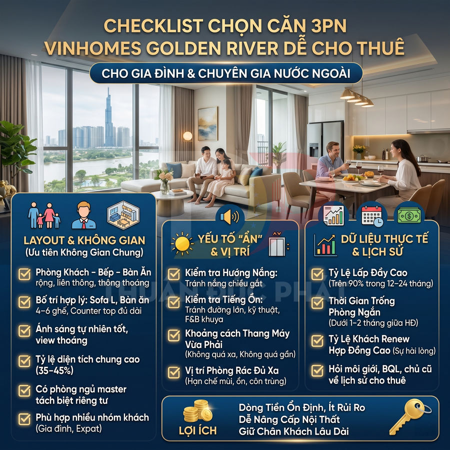 Căn hộ 3 phòng ngủ Vinhomes Golden River hiện đại, phòng khách bếp liên thông, gia đình và chuyên gia nước ngoài sinh hoạt