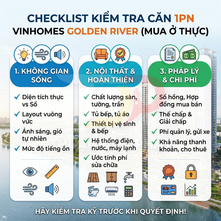 Checklist kiểm tra căn hộ 1 phòng ngủ Vinhomes Golden River về không gian, nội thất, pháp lý và chi phí trước khi mua