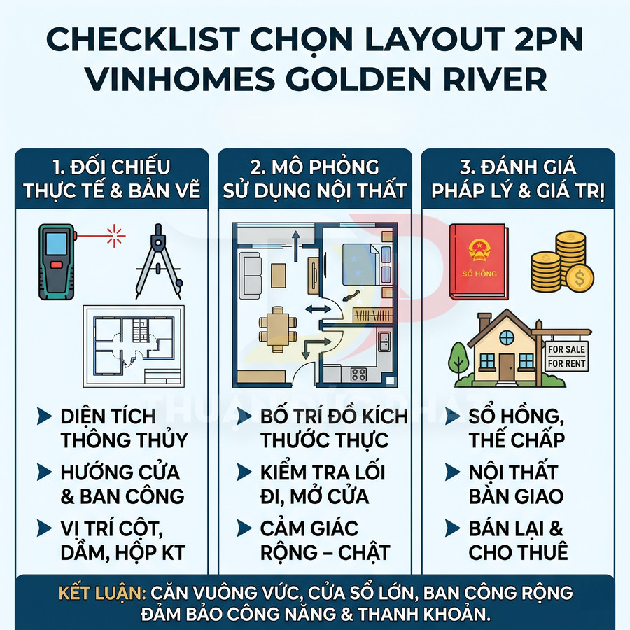 Checklist chọn layout căn hộ 2 phòng ngủ Vinhomes Golden River với các tiêu chí diện tích, nội thất, pháp lý và giá trị