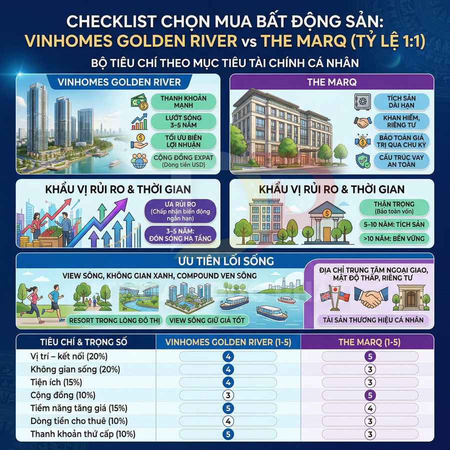 Checklist so sánh dự án Vinhomes Golden River và The Marq với tiêu chí tài chính và lối sống