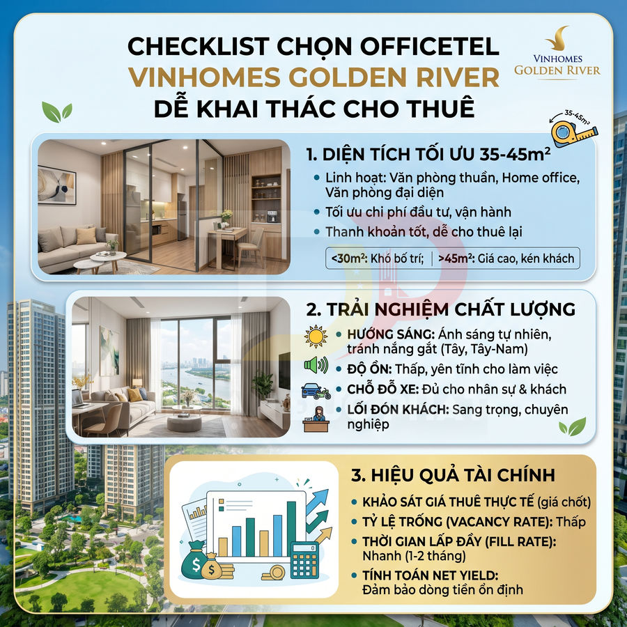 Checklist chọn officetel Vinhomes Golden River cho thuê với hình ảnh căn hộ, tiện ích và lợi ích tài chính