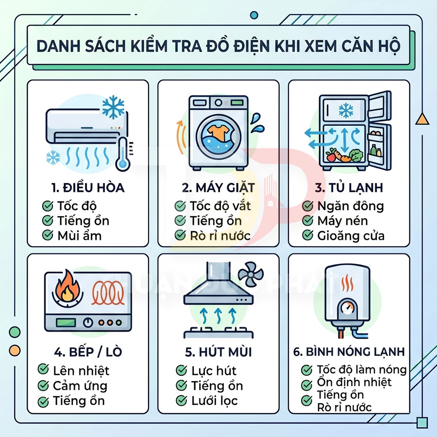 Danh sách kiểm tra điều hòa, máy giặt, tủ lạnh, bếp, hút mùi, bình nóng lạnh khi xem căn hộ