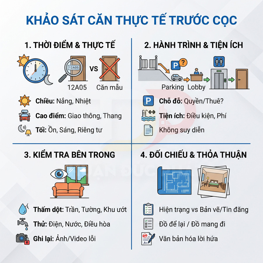 Các bước khảo sát căn hộ trước khi đặt cọc: chọn thời điểm, kiểm tra tiện ích và nội thất, đối chiếu hiện trạng với thỏa thuận