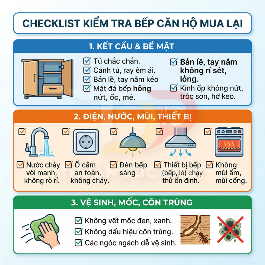 Checklist kiểm tra bếp căn hộ mua lại với các mục về kết cấu bề mặt, điện nước thiết bị và vệ sinh mốc côn trùng