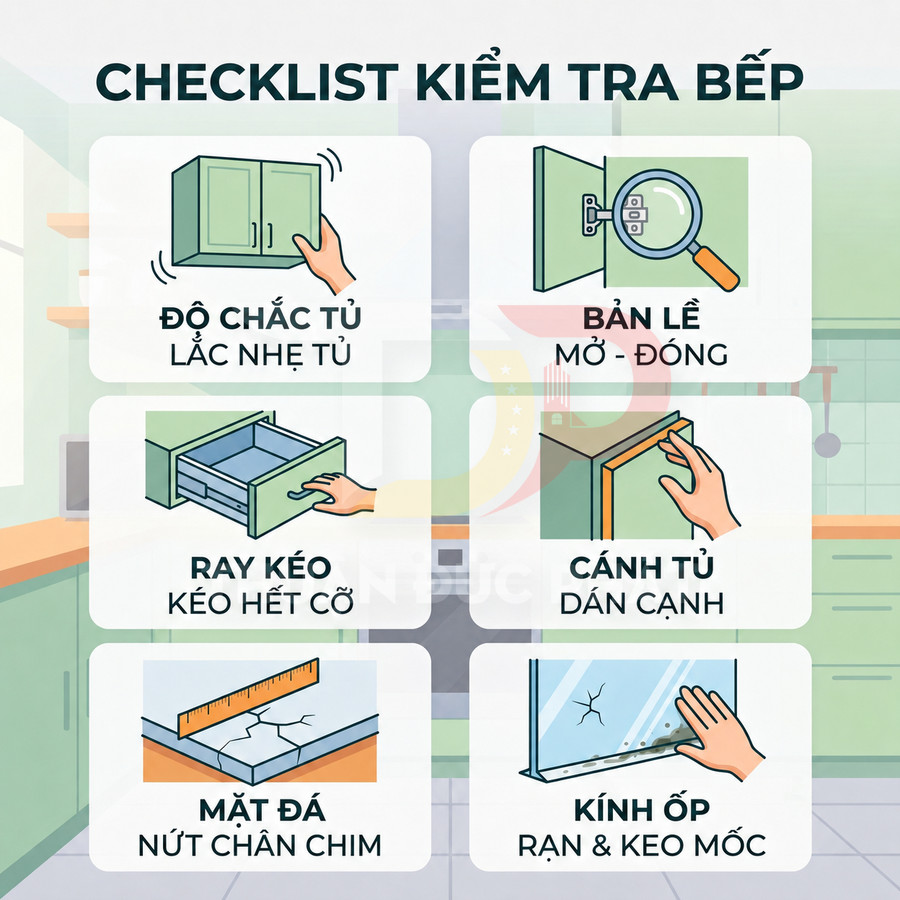 Checklist kiểm tra tủ bếp với các bước kiểm tra độ chắc tủ, bản lề, ray kéo, cánh tủ, mặt đá và kính ốp