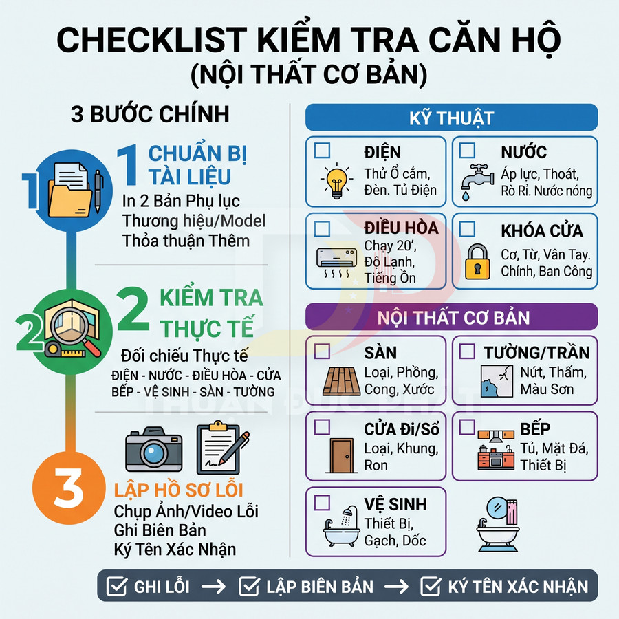 Checklist kiểm tra căn hộ nội thất cơ bản với 3 bước và các hạng mục kỹ thuật, sàn, cửa, bếp, vệ sinh