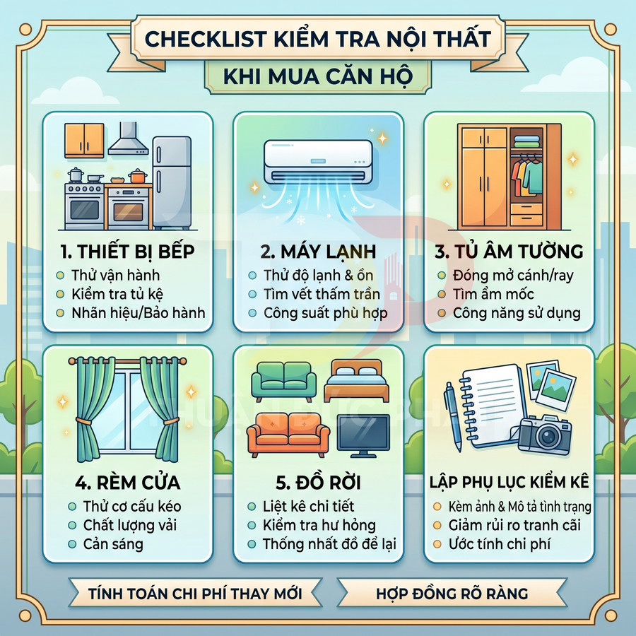 Checklist kiểm tra nội thất căn hộ với thiết bị bếp, máy lạnh, tủ âm tường, rèm cửa và đồ rời