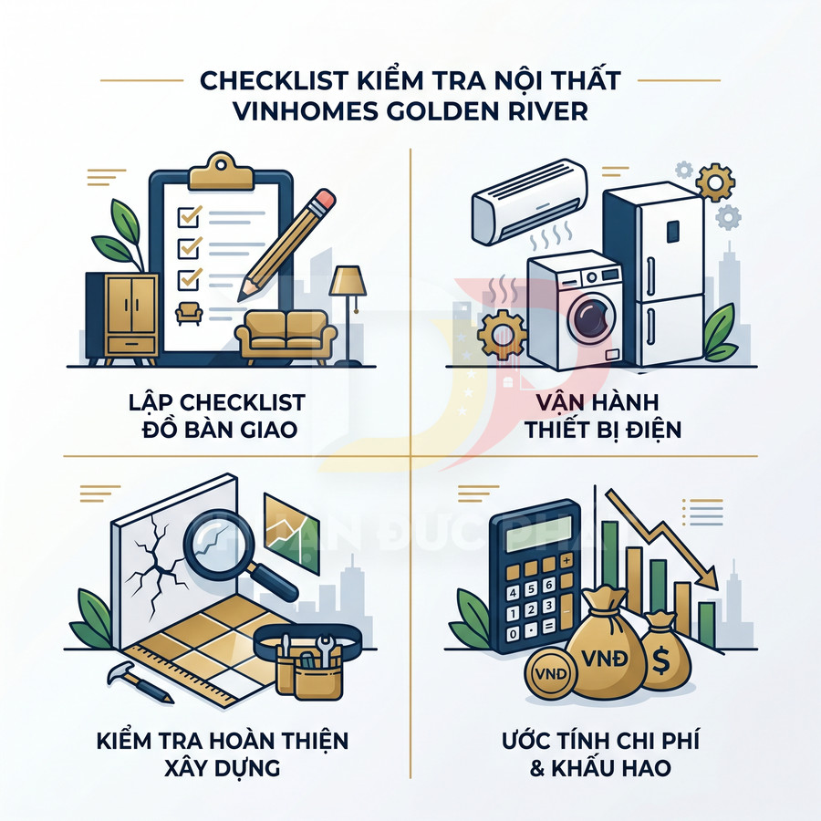Checklist kiểm tra nội thất Vinhomes Golden River với đồ bàn giao, thiết bị điện, hoàn thiện xây dựng và ước tính chi phí