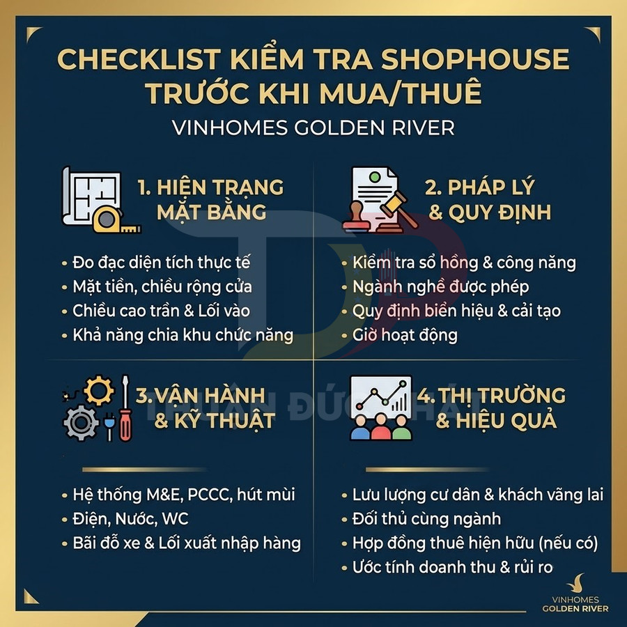 Checklist kiểm tra shophouse Vinhomes Golden River trước khi mua hoặc thuê, gồm mặt bằng, pháp lý, kỹ thuật, thị trường