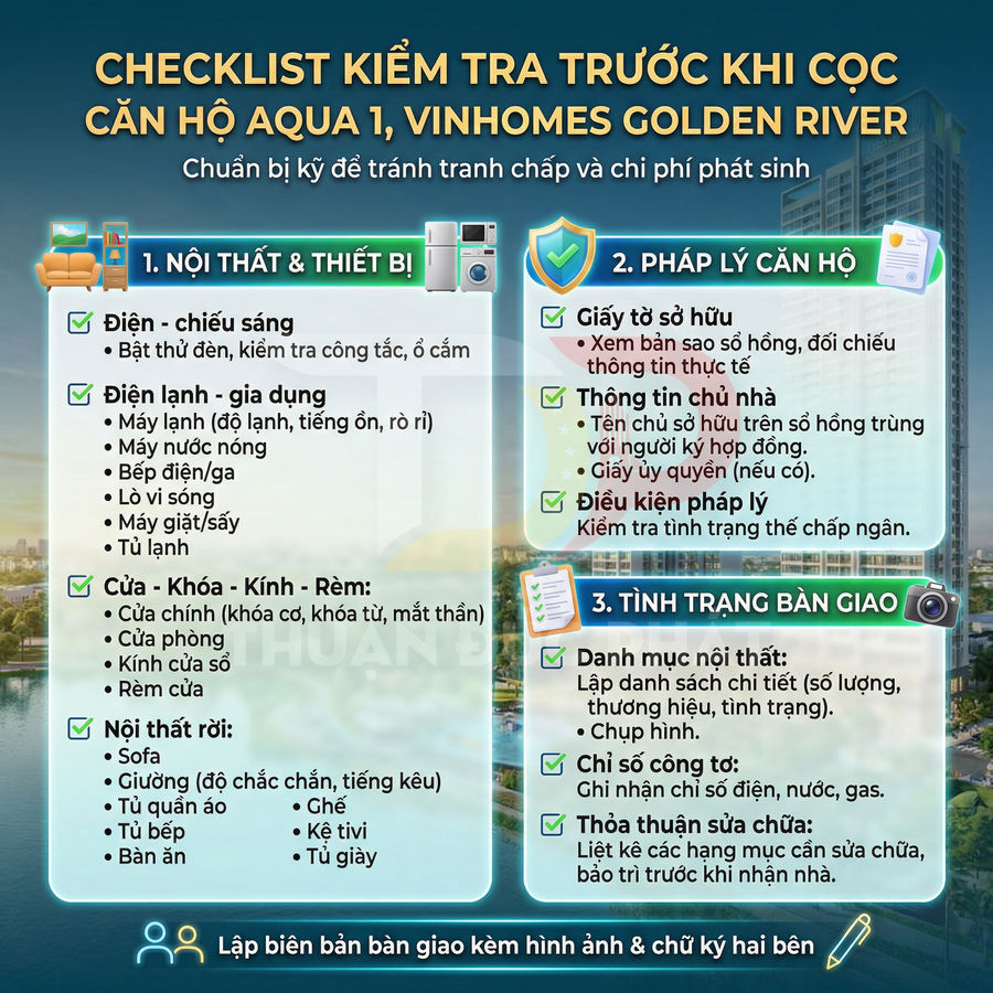 Checklist kiểm tra trước khi cọc căn hộ Aqua 1 Vinhomes Golden River với nội thất pháp lý và tình trạng bàn giao