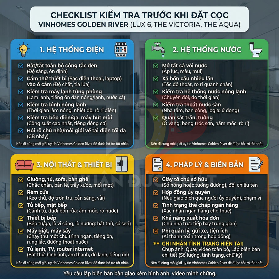 Checklist kiểm tra trước khi đặt cọc căn hộ Vinhomes Golden River với 4 mục hệ thống điện nước nội thất pháp lý