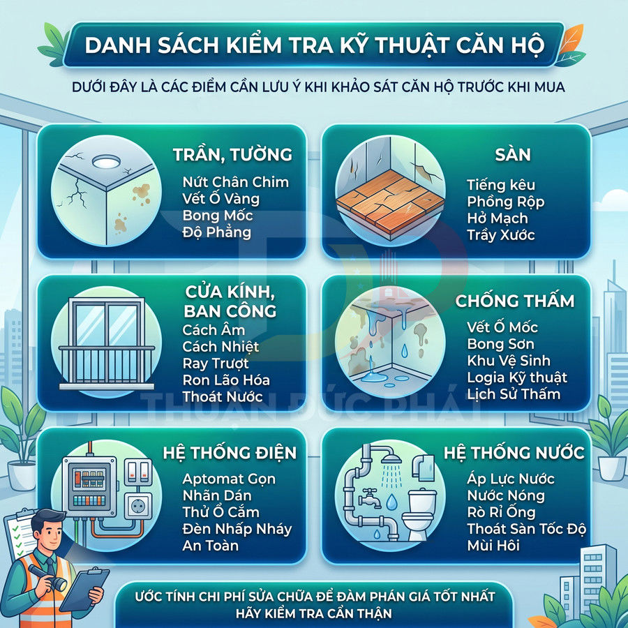 Danh sách kiểm tra kỹ thuật căn hộ trước khi mua với các hạng mục trần tường sàn cửa kính điện nước