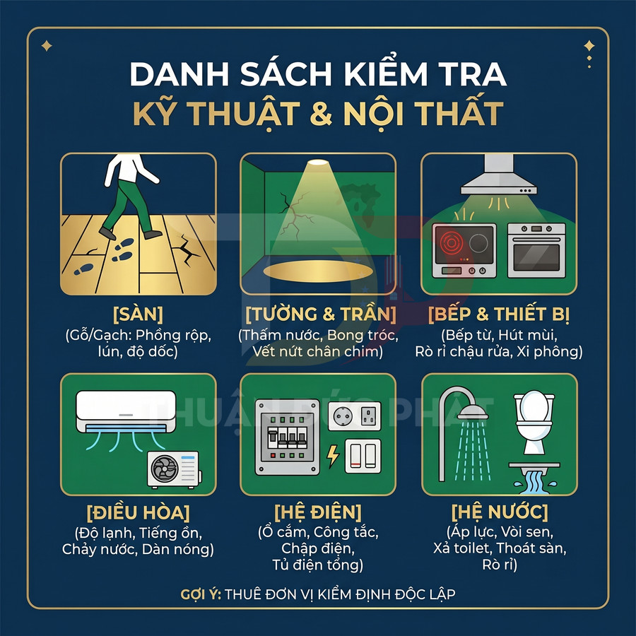 Danh sách kiểm tra kỹ thuật và nội thất nhà ở gồm sàn, tường trần, bếp, điều hòa, hệ điện và hệ nước