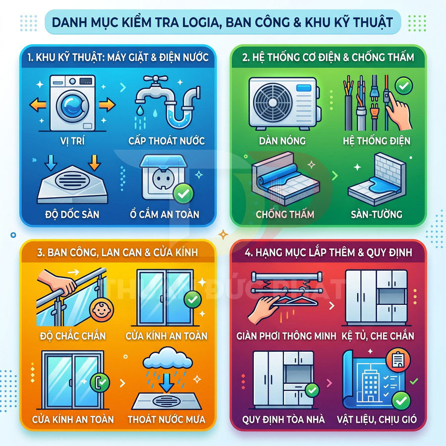 Infographic danh mục kiểm tra logia ban công khu kỹ thuật, hệ thống điện nước, chống thấm và nội thất lắp thêm