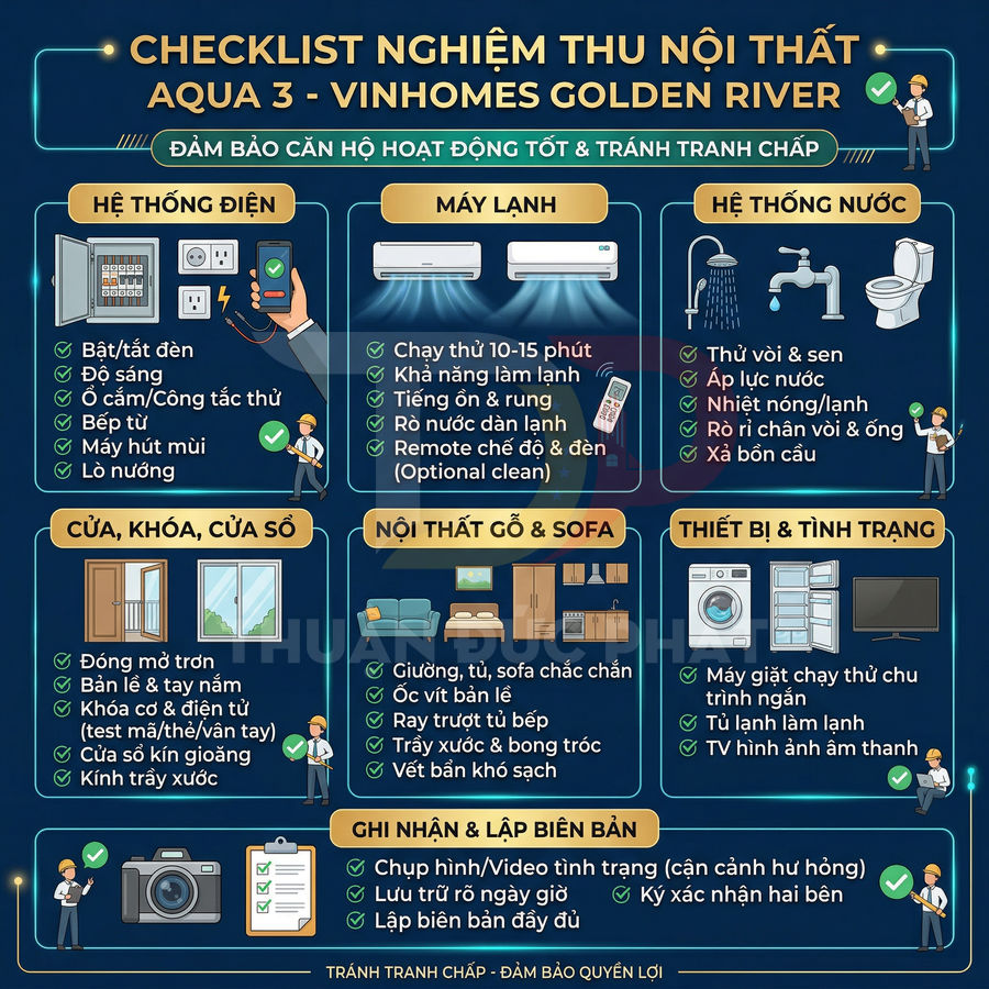 Checklist nghiệm thu nội thất căn hộ Aqua 3 Vinhomes Golden River với hệ thống điện nước, máy lạnh, nội thất và thiết bị gia dụng