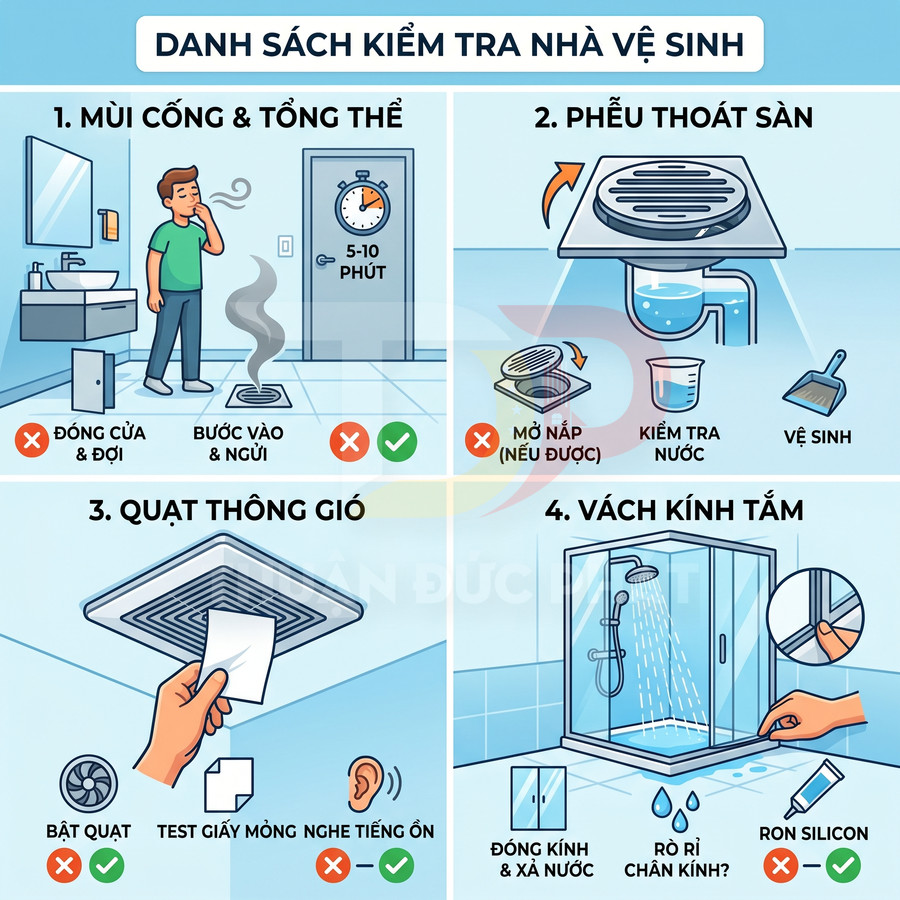 Danh sách kiểm tra nhà vệ sinh với hướng dẫn kiểm tra mùi cống, phễu thoát sàn, quạt thông gió và vách kính tắm