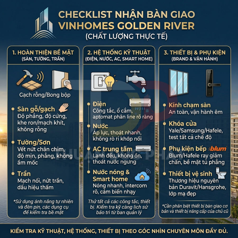 Checklist nhận bàn giao căn hộ Vinhomes Golden River với hạng mục hoàn thiện, hệ thống kỹ thuật và thiết bị phụ kiện