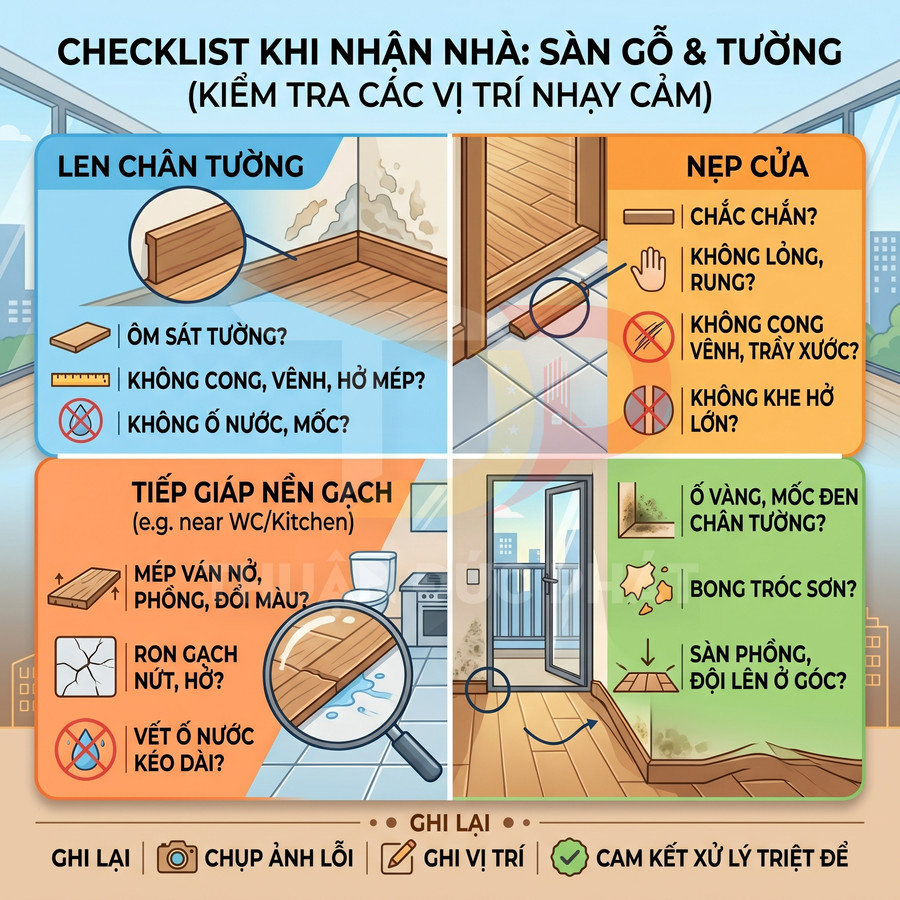 Checklist kiểm tra sàn gỗ và tường khi nhận nhà, tập trung các vị trí len chân tường, nẹp cửa, tiếp giáp nền gạch