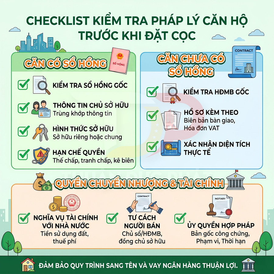 Checklist kiểm tra pháp lý căn hộ trước khi đặt cọc, hướng dẫn xem sổ hồng, hợp đồng và nghĩa vụ tài chính