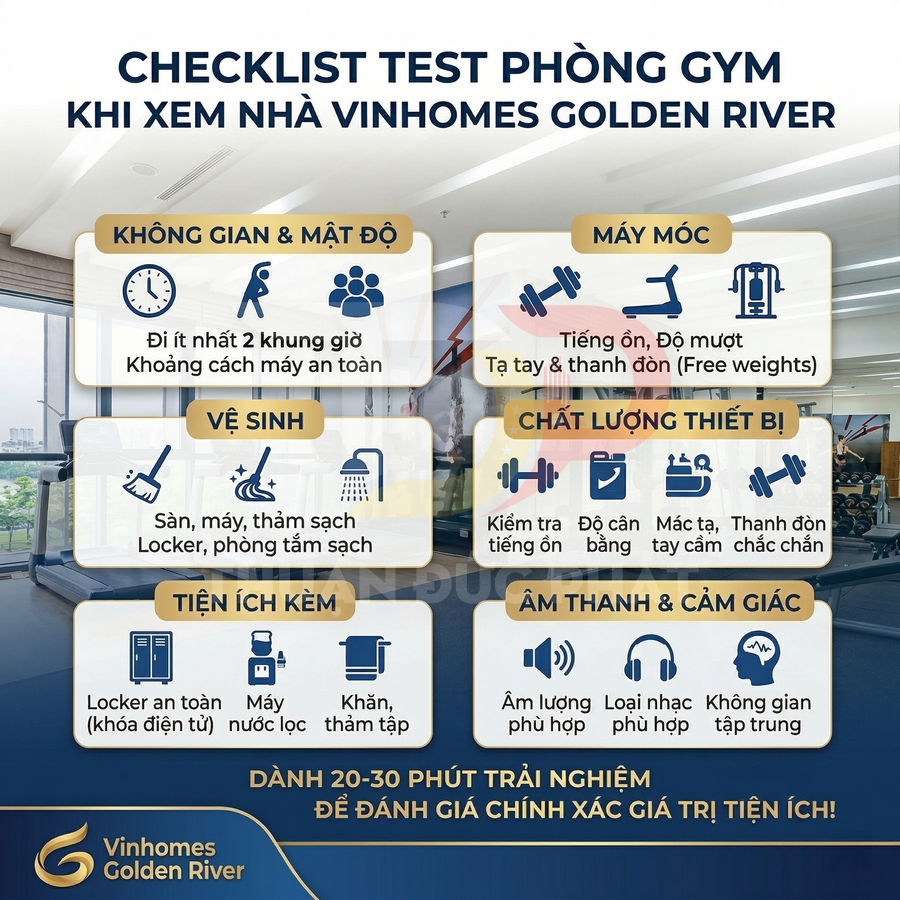 Checklist kiểm tra phòng gym khi xem nhà Vinhomes Golden River với các tiêu chí máy móc, vệ sinh, tiện ích và âm thanh