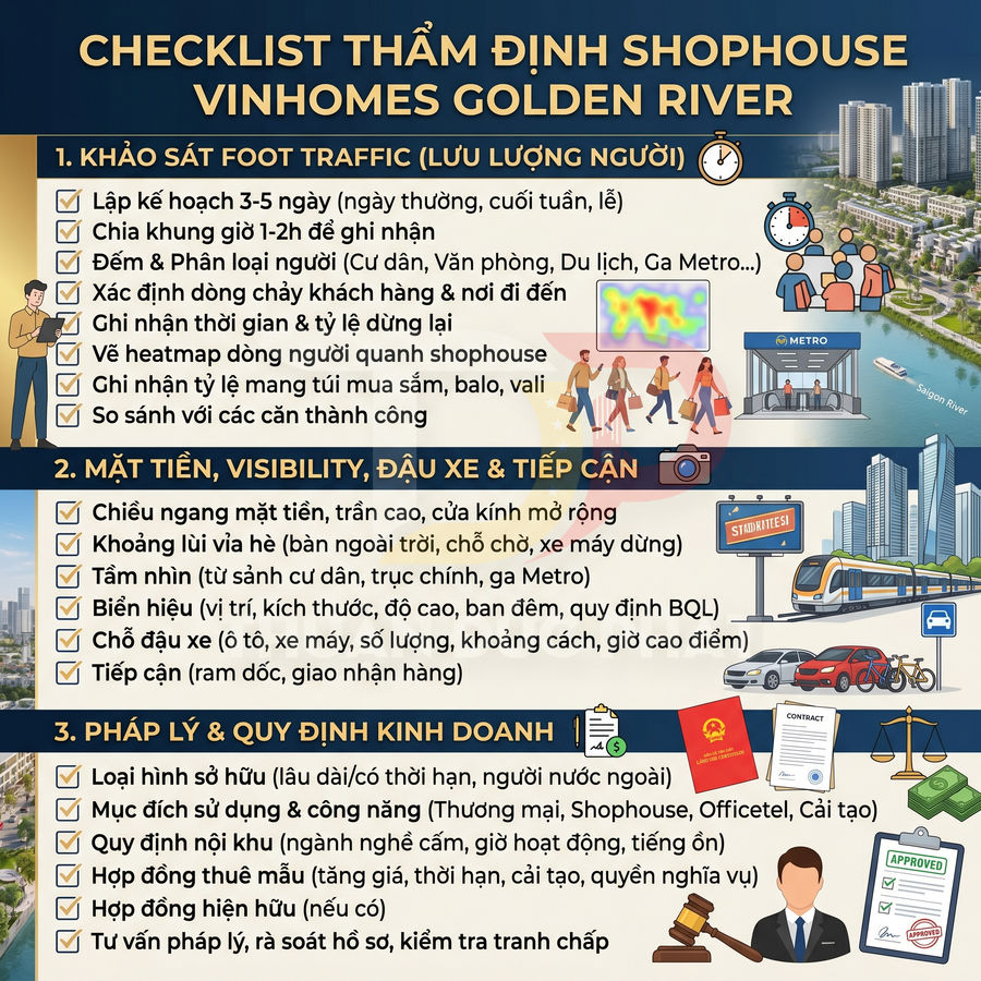 Checklist thẩm định shophouse Vinhomes Golden River với các tiêu chí foot traffic, mặt tiền và pháp lý kinh doanh