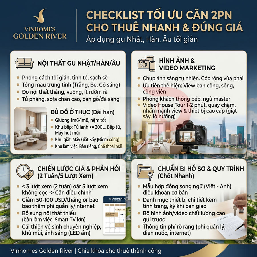 Checklist tối ưu căn hộ 2 phòng ngủ Vinhomes Golden River cho thuê nhanh đúng giá, nội thất hiện đại và chiến lược marketing