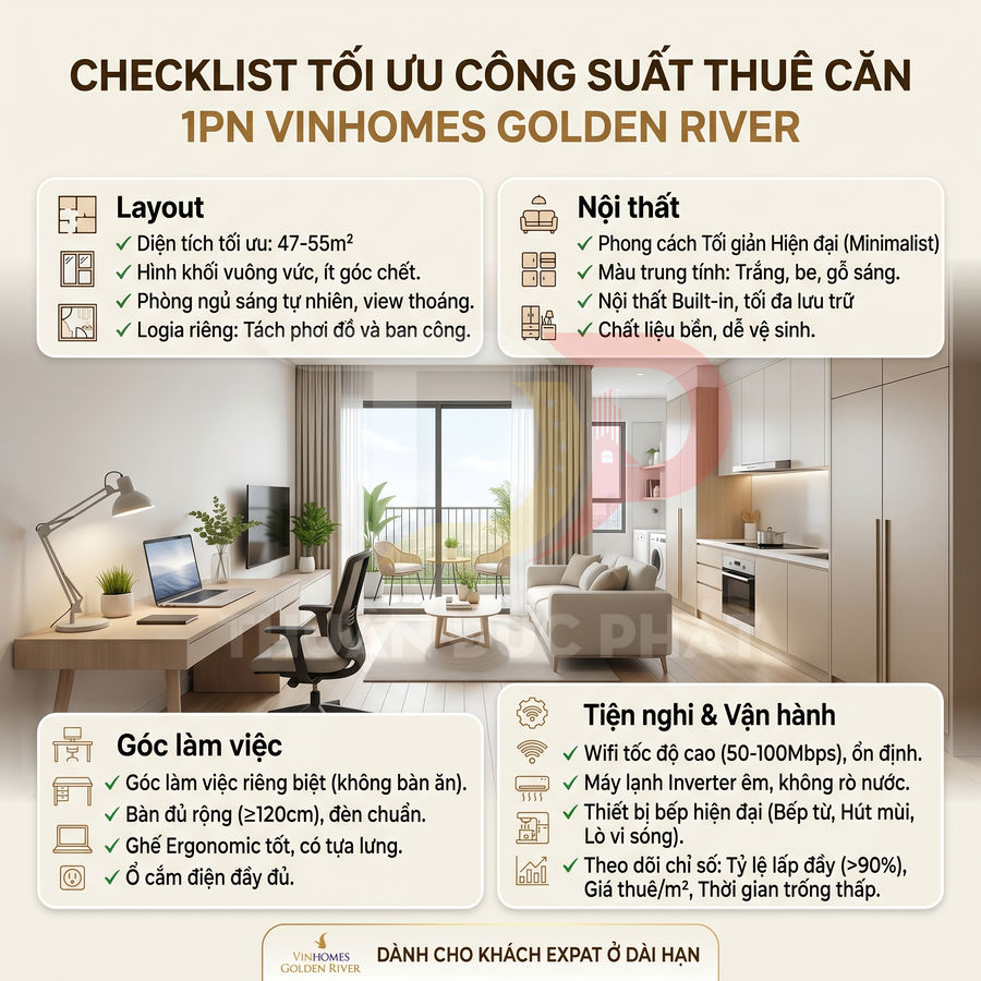 Checklist tối ưu công suất thuê căn hộ 1 phòng ngủ Vinhomes Golden River với layout, nội thất và tiện nghi hiện đại