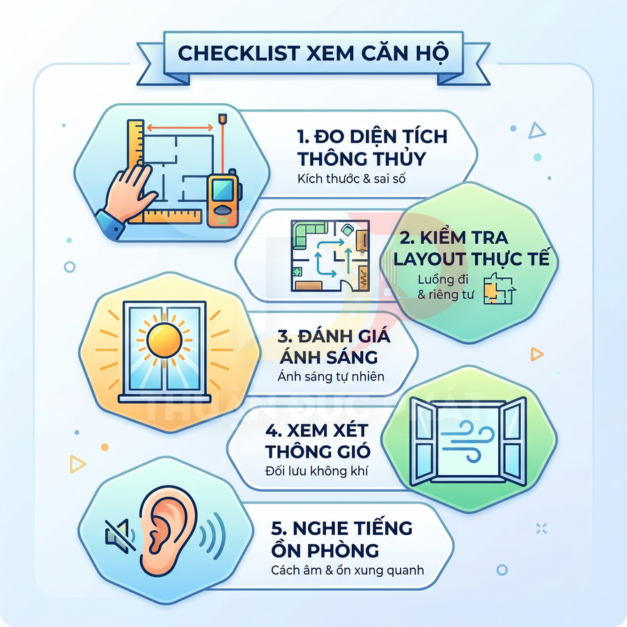 Checklist xem căn hộ với 5 bước đo diện tích, kiểm tra layout, ánh sáng, thông gió và tiếng ồn