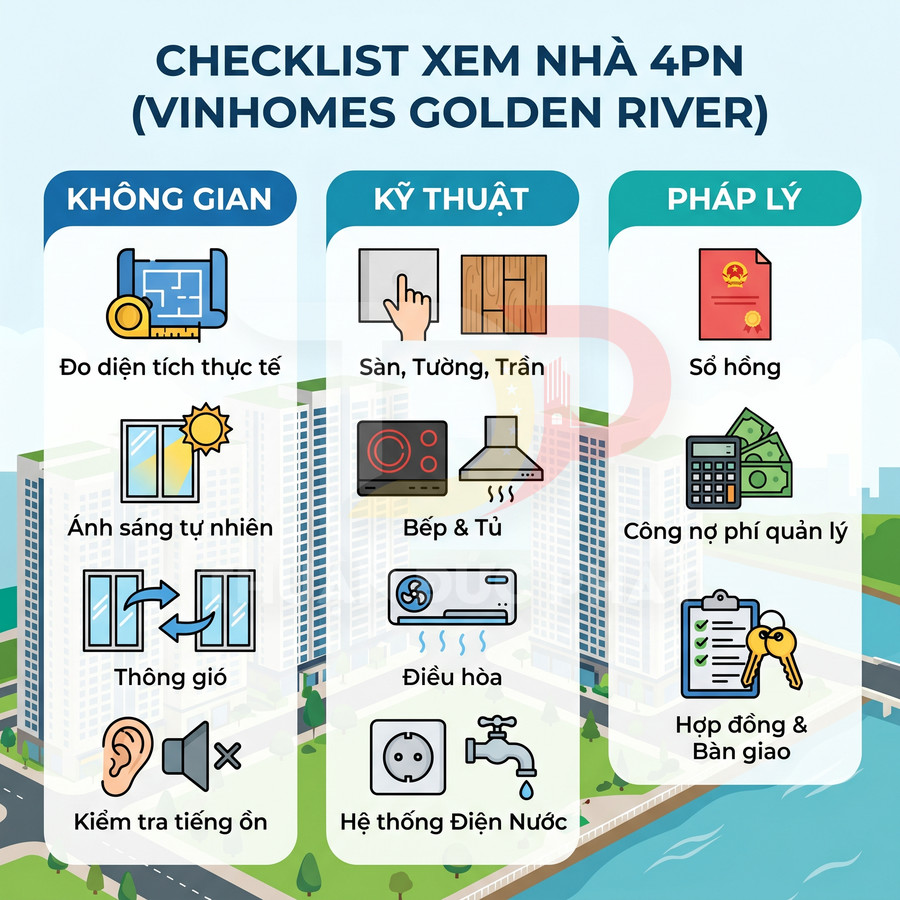 Checklist xem nhà 4 phòng ngủ Vinhomes Golden River về không gian kỹ thuật và pháp lý