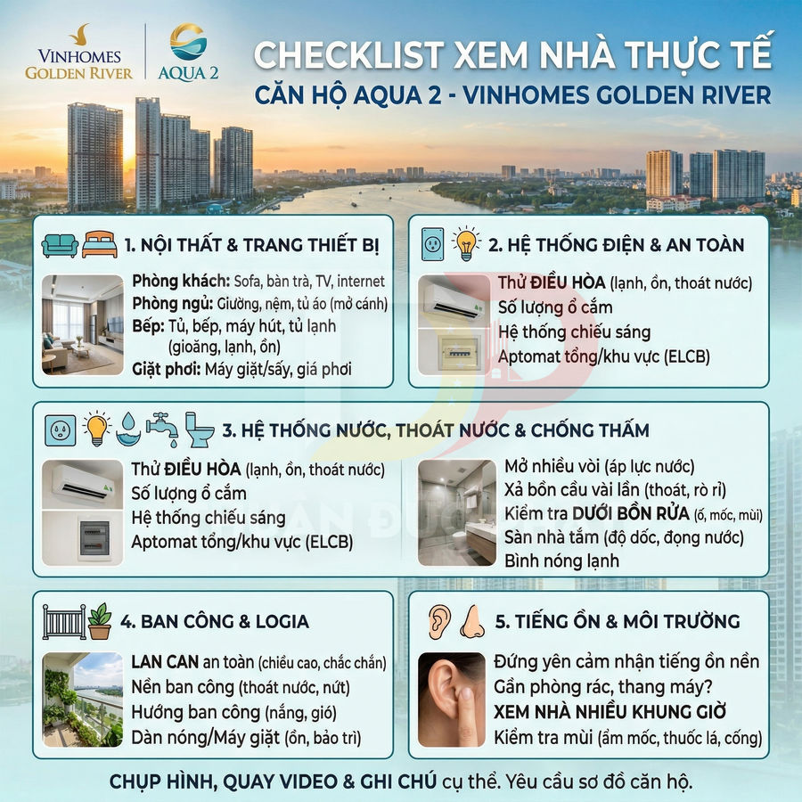 Checklist xem nhà thực tế căn hộ Aqua 2 Vinhomes Golden River với các hạng mục nội thất và hệ thống kỹ thuật