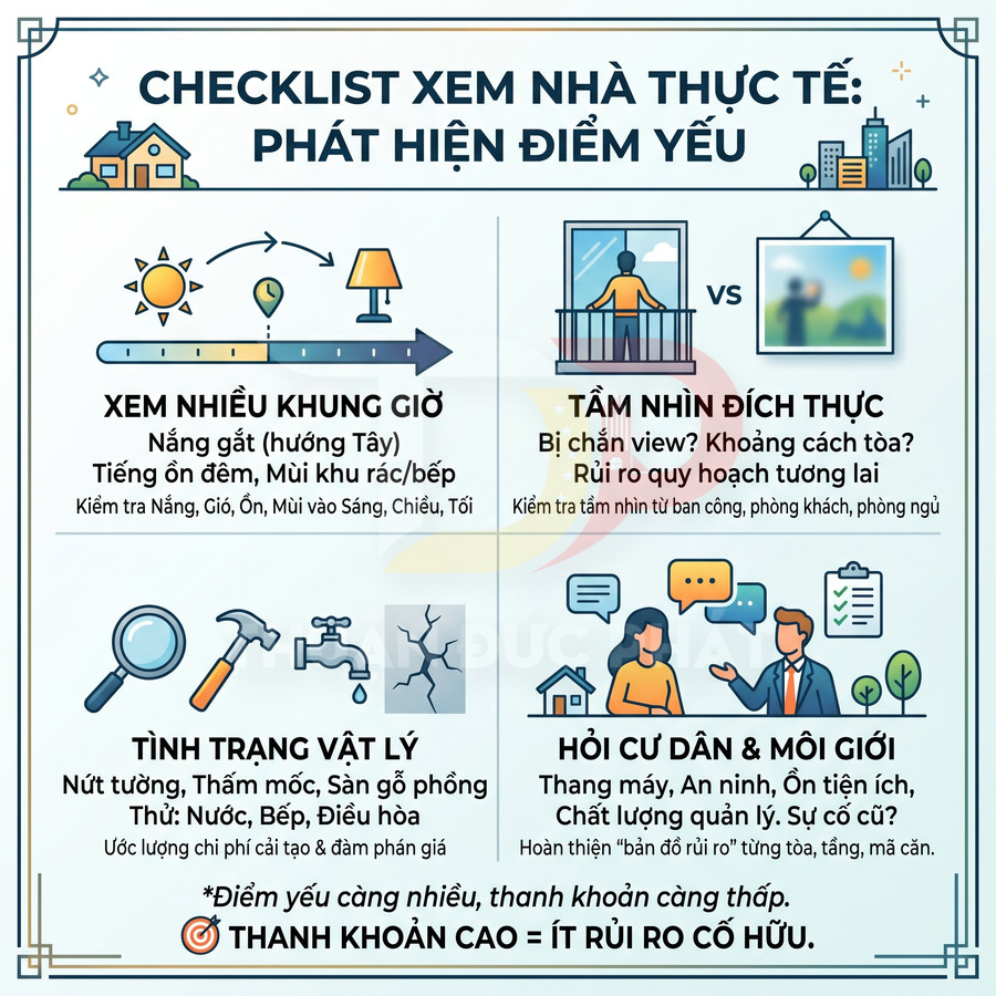 Checklist xem nhà thực tế phát hiện điểm yếu về khung giờ, tầm nhìn, tình trạng vật lý và hỏi cư dân môi giới